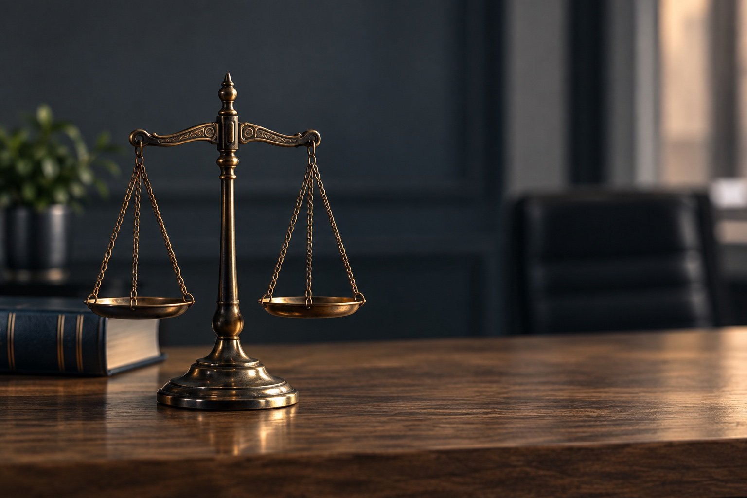 Imagen ilustrativa de una balanza de justicia sobre una mesa de despacho